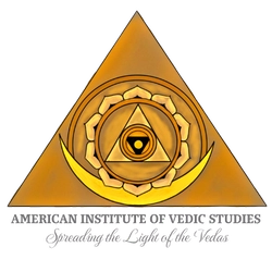 American Institute of Vedic Studies logo featuring a golden triangle with inner mandala and crescent moon symbol